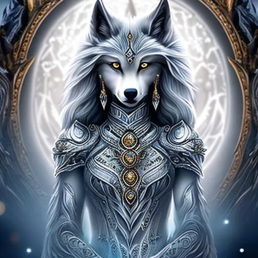 Prompt: The female wolf furry goddess of protection stands tall with a majestic silver and white coat, adorned with intricate patterns symbolizing guardianship. Her captivating amber eyes radiate wisdom and strength, instilling a sense of safety in those who gaze upon her. She wears regal armor that blends nature-inspired elements with divine symbols, signifying her role as a protector of all living beings. Graceful and fierce, she exudes an aura of reassurance, offering solace and safeguarding those in need.