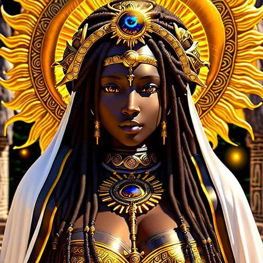 Prompt: (Hyperrealistic highly detailed photography of an ebonian priestess vessel of a sun spirit)
radiant eyes,beautiful, majestic. old stone temple. Magic