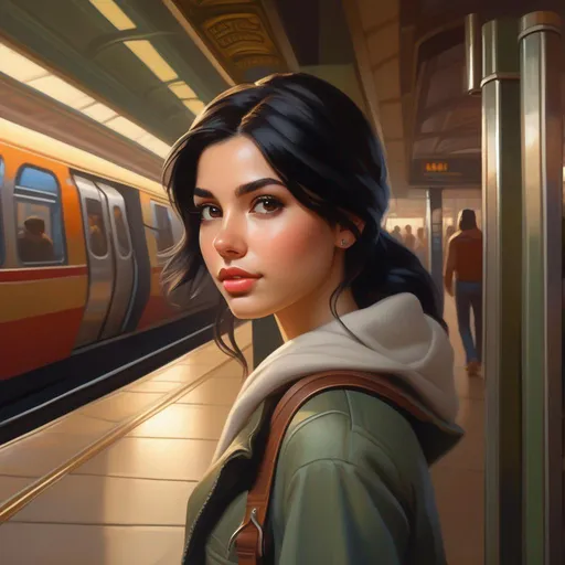 Prompt: Third person, gameplay, young woman, pale olive skin, black hair, dark brown eyes, subway station, cartoony style, extremely detailed painting by Greg Rutkowski and by Henry Justice Ford and by Steve Henderson 