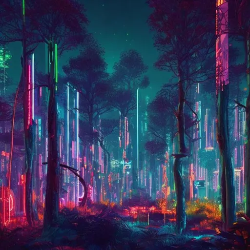 Prompt: CYBERPUNK FOREST FULL OF NEONS IN THE NATURE