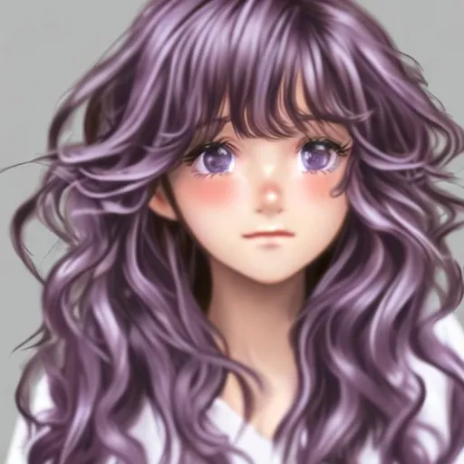 Prompt: shy girl , curly long hair , sleepy eyes , purple eyes , light brown hair , semirealistic ,  side bangs
