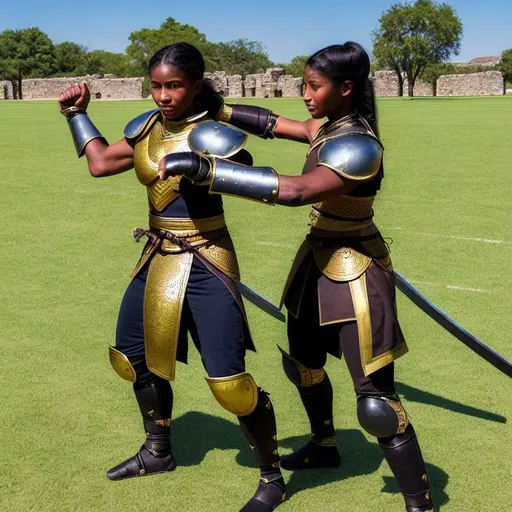 Prompt: (Hyperrealistic highly detailed sharp full body photography of an ebonian woman master-at-arms training and sparring with young students)
Beautiful, mature, strong-willed,  protector, benevolent, skilled athletic, strong, golden headband, traditional light leather armor. Shining swords. Old stone barracks. Tribal style.