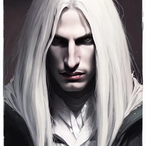 Prompt: Portrait of {Alucard} with {white} hair and with cute face, {dark Vibe}, perfect composition, hyperrealistic, super detailed, 8k, high quality, trending art, trending on artstation, sharp focus, studio photo, intricate details, highly detailed, by greg rutkowski