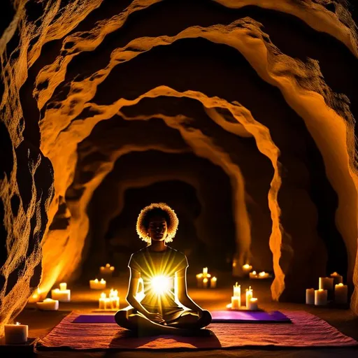 Prompt: Black woman sitting in meditation  thinking pose,  in a cave