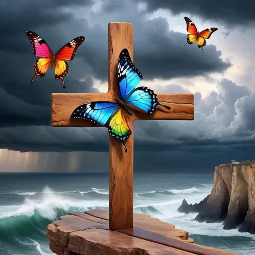 Prompt: Beautiful multi colored butterfly's on wooden cross,beautiful stormy sky,realistic,overlooking large cliff and raging sea,smooth edges