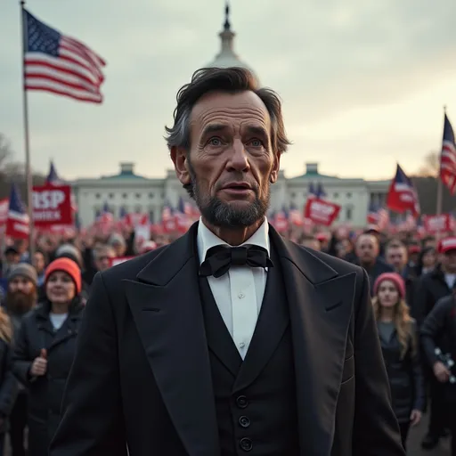 Prompt: Abraham Lincoln speaking in front of the US Capitol during the January 6, 2021 Insurrection in front of a mob of Donald Trump supporters photorealistic