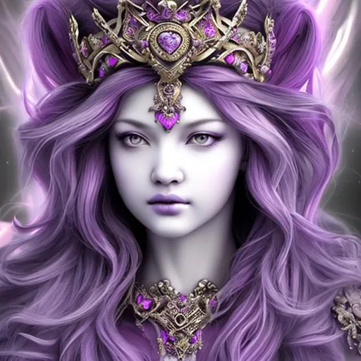 Prompt: Goddess of love hyper realistic face features in purple with white hair hyper realistic on a bed


