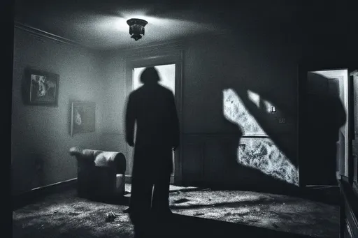 Prompt: multiple shadows standing behind a man in a dark house while man has a book on the floor