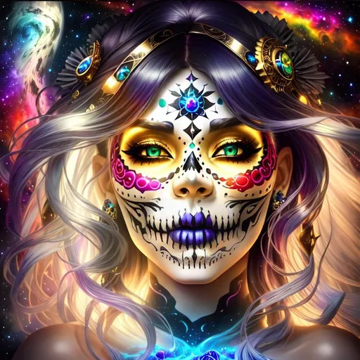 Prompt: Beautiful, Serene, Gorgeous, Spectacular, freeform dark chaos epic bold, 3D, HD, {one}({Nebula {Goddess}Sugarskull with long flowing hair and dressed in Barbarian outfit with cosmic background} with {Silver gold green dark-red blue jade, big beautiful eyes}ink), expansive interstellar background --s99500