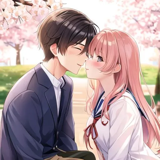 Prompt: Caleb and (Haley wearing a Japanese school uniform) on a date at the park, kissing, under the cherry blossom trees
