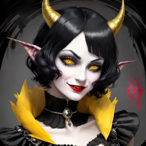 Prompt: Portrait, detailed, God of chaos and probability, short black hair, 1920's flapper style, yellow cat eyes, Mischevious grin, fangs,eyebags, evil, chaotic, spiteful, horns, tired