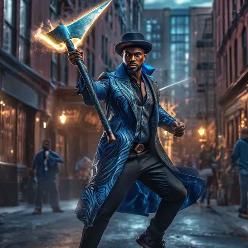 Prompt: Hulking Black Man magician in urban clothes wielding a magical axe, hdr render, soft lighting , full body, digital painting, studio photo, intricate details, professional, highly detailed, 8k uhd, epic, stunning, in New York city, action shot, soft, voluminous 