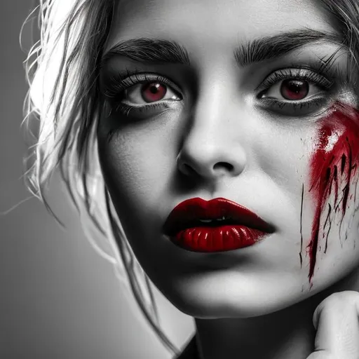 Prompt: Womans face in black and white portrait but her lips in blood red lipstick close up shot