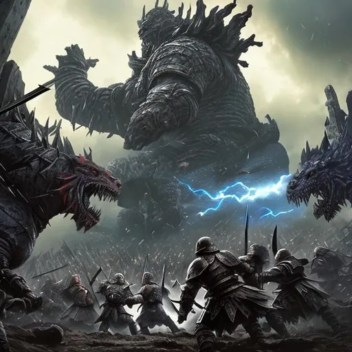 Prompt: Giant Medieval battle scene, photo realistic, Fantastic, color spectrum, hyper detailed, epic, We see two monster knights in battle - one in white armor, and one in black. They swing their mighty swords, while soldiers fight and die around them, battlefield.
The sky is a dark storm of black and grey clouds and lightning flashes, catapults launch flaming missiles into the air, dragons in flight in the distance. Landscape, Hyperrealistic, 8k