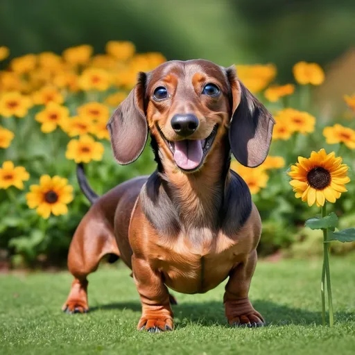 Prompt: Crie uma imagem divertida e cativante de um dachshund marrom feliz, pulando com diversão enquanto segura uma bolinha colorida em sua boca. O cenário deve ser um parque radiante, com grama verde e flores coloridas ao fundo. O Dachshund deve ter uma expressão alegre, com as orelhas elevadas e um rabo abanando. e energia. Esta imagem deve capturar a essência da felicidade canina e o amor pelos momentos de brincadeira