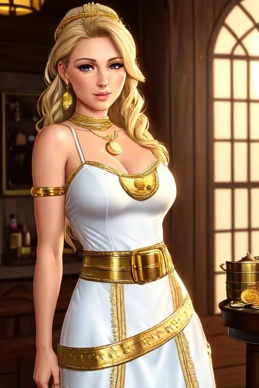 Prompt: ((Hyper-realistic shot)), ((extremely detailed:1.5)), ((8K resolution)), ((tavern keeper)) Perfect face and body. ((blonge woman in white and gold dress hold a coin: 1.3)) adorned with buckled belts, ((gold details in dress)) with mold, gold coins and in a dnd port

