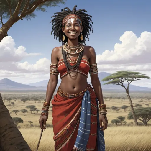 Prompt: Full body, Fantasy illustration of a Massai woman, 26 years old, amused expression, traditional garment, curly black hair, high quality, rpg-fantasy, detailed, kenyan landscape background