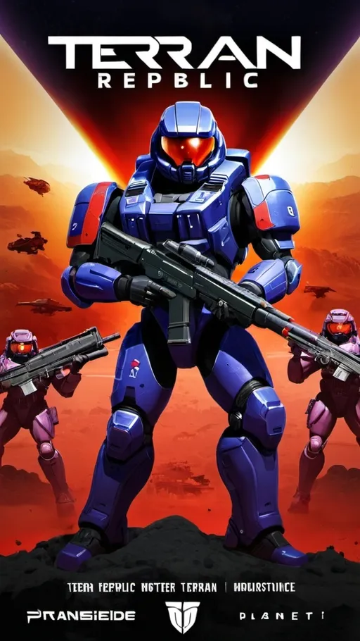 Prompt: "Design a propaganda poster for the Terran Republic (TR) from Planetside 2. Show TR soldiers dominating and causing havoc against the VS and NC. Include a short, bold shoutout, emphasizing TR's power and control. Use strong colors, with red for TR and subdued tones for VS and NC."