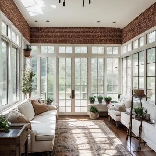 Prompt: Narrow sunroom with two two big windows and two French doors on the side and a width of 3m amd length of 5m in farmhouse style with exposed brick pillars 