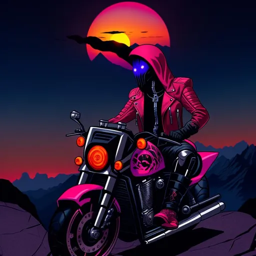 Prompt: A Mind Flayer in biker gear riding a motorcycle parked on rocky Mountains overlooking a bright and vibrant, orange, red, and pink sunset. 80ś digital illustration