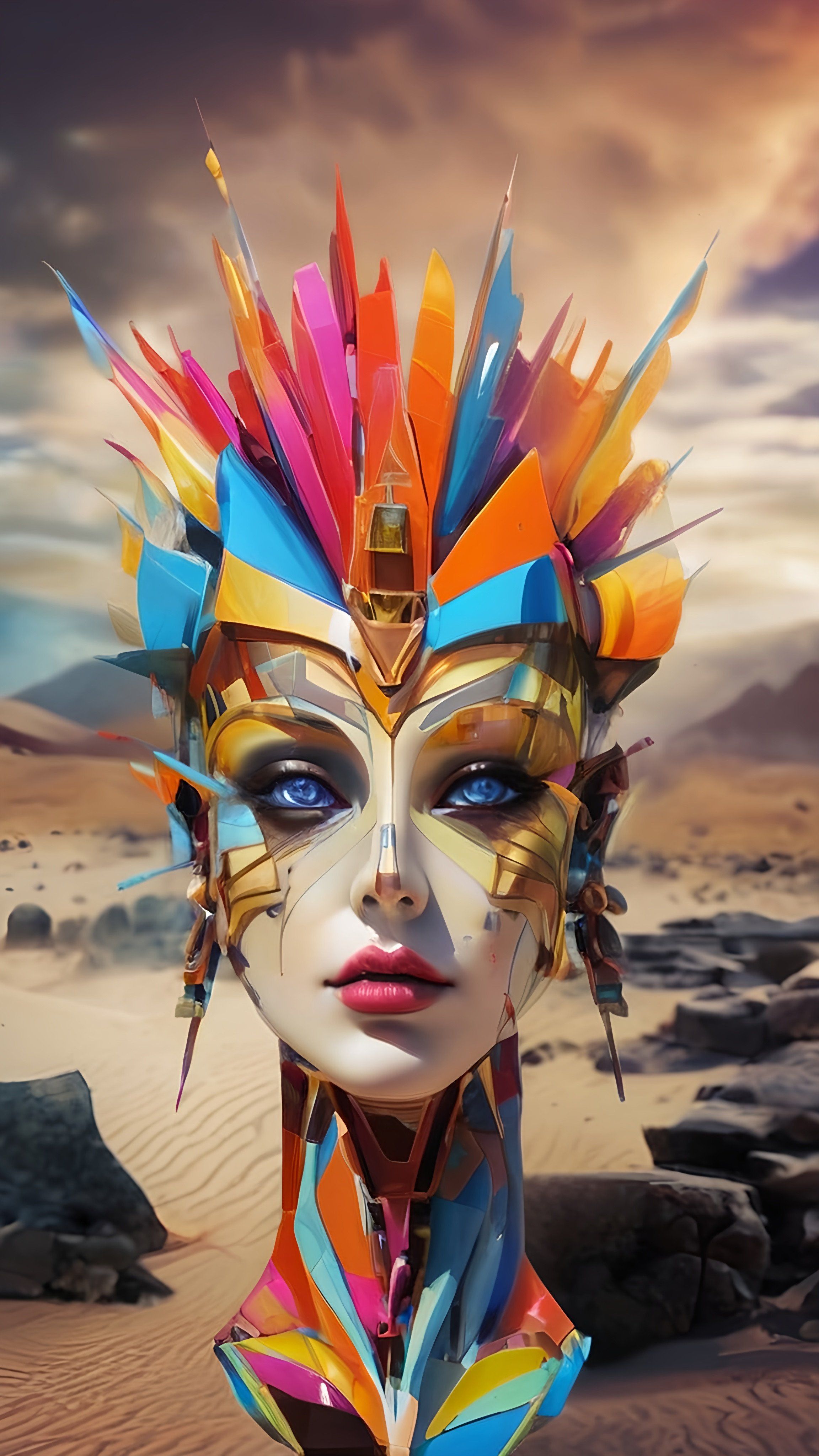 Prompt: a woman with a colorful face and a strange headdress on her head, in the desert with a cloudy sky