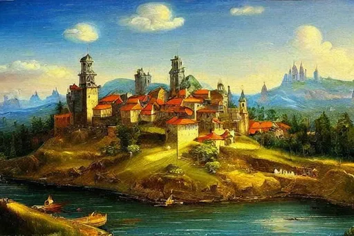 Prompt: realistic medieval oil painting of beautiful scenery