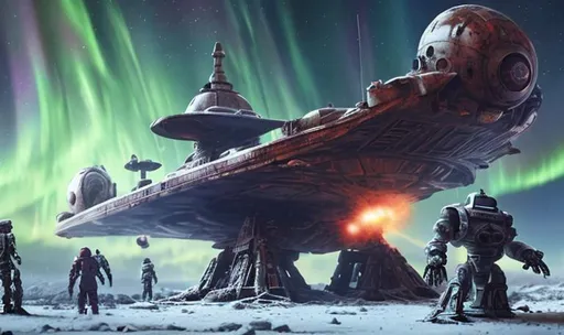 Prompt: huge old rusty spaceship getting repaired  by robots ice planet sparks fire welding people working aurora many colours   guard drinking milk enhance detail turret on spaceship real soldier thin landing gears symmetrical ship laser warzone dead body's on ground ships exploding in sky 