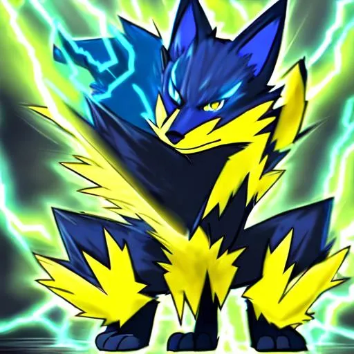 Prompt: mr. beast pokemon, electric, lightning, chaotic, green and yellow, powerful, blue-black fox