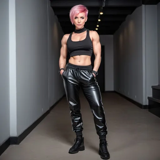 Prompt: Muscular girl with short pink hair in shiny black leather joggers