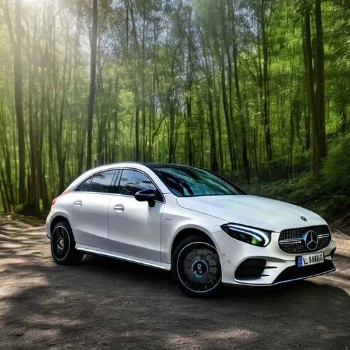 Prompt: Mercedes benz eqa car, forest, real