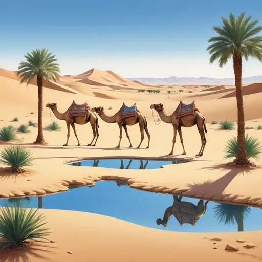 Prompt: Design an artwork depicting an oasis oasis nestled in the heart of the desert, with palm trees providing shade, a sparkling pool of water reflecting the clear blue sky, and camels resting after a long journey across the dunes.
