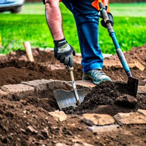 Prompt: Generate a photo for someone who is digging soil for their home, including suggestions for tools, techniques, and safety precautions