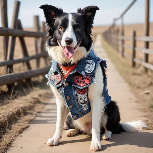 Prompt: border collie wearing a heavy metal music denim vest thrash metal patches 