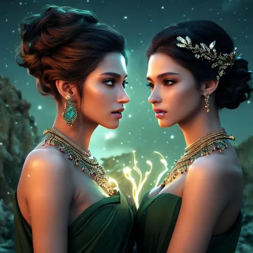 Prompt: HD 4k 3D 8k professional modeling photo hyper realistic beautiful twin women ethereal greek goddesses of disputes
dark green hair brown eyes gorgeous face black skin shimmering dress with jewelry laurel headpiece full body surrounded by magical glowing  light hd landscape background two twins arguing in dark gloomy underworld