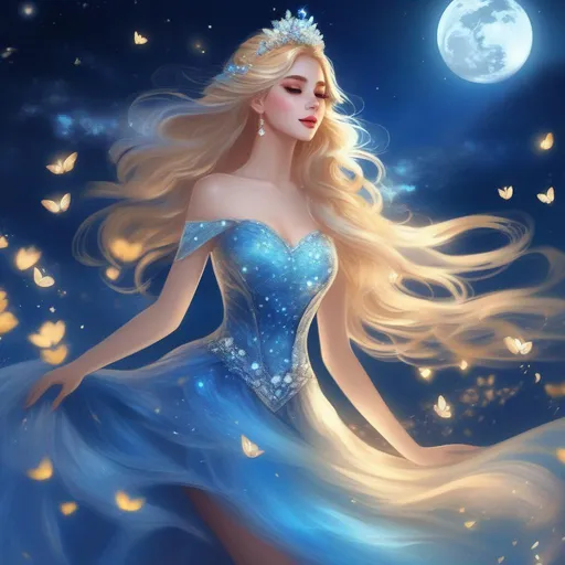 Prompt: and beautiful pretty art 4k full HD flower princess golden blonde hair beautiful pretty gorgeous face Digital art painting full body full body flying at the moon blue glitter 