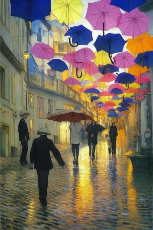 Prompt: Dreamy, stunning, the umbrella street in Águeda, Portugal by nicolay Petrovich bogdanov-belsky, van Gogh, Thomas Wells Schaller, Enki Bilal, Harry Clark, James jean and Jean Baptiste monge. Extremely detailed and high definition. glossy shimmer. 