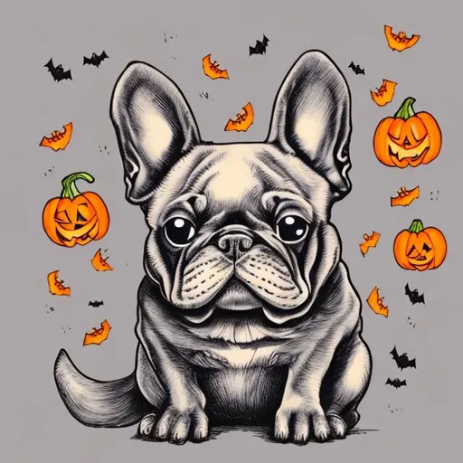 Prompt: Halloween, trick or treat, ghost, french bulldog,illustration