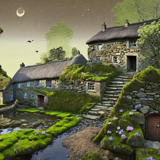 Prompt: rough stone cottage, aged coarse thatched roof, moss growing on crumbling stone walls, roof aging and coming apart in places, pond with fish jumping flowers all around, forest surrounding, muddy path leading to cottage chimney made of stone has smoke coming from it, Moon in sky above shining through the trees, a cat lays by the pond watching the fish, in the style of Thomas Kincaid 
