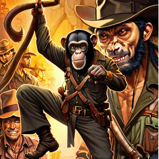 Prompt: chimpanzee dressed as Indiana Jones, cracking a whip, Drew Struzan poster, detailed face, highly detailed