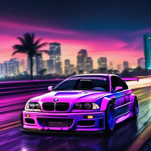 Prompt: 2001 BMW M3 E46 GTR, synthwave, aesthetic cyberpunk, miami, highway, dusk, neon lights, coastal highway, dusk, neon lights, coastal highway, sunset, drift, nurburgring, water on the road, blade runner, 64k, watercolor, macro sharp focus, 8, hyper realistic, cinematic, highly detailed, photoraelistic, clean, metallic, 3d