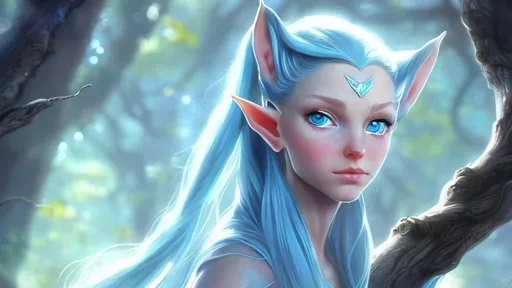 Prompt: A woman of the elf race with huge blue eyes that are shimmering in the light that shines her blue long hair is in a ponytail.On her head sits a beautiful grown. She stands on a tree with a bow in her hand.   She has two pointy ears. On them there are earrings.  On one of them is a blue Saphire she does look a little bit downwards and smiles brighly