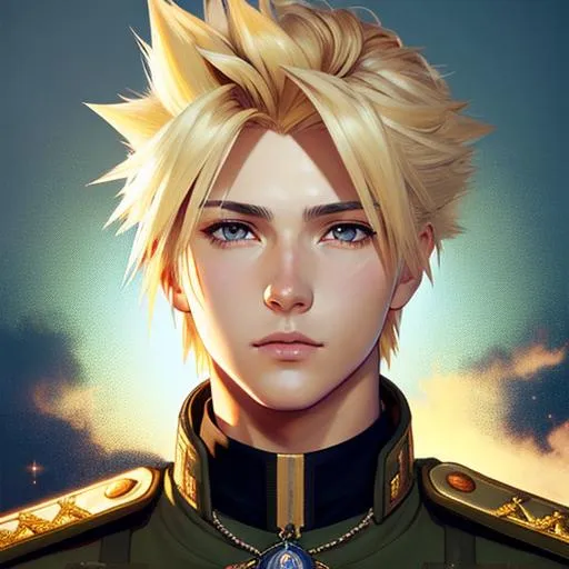 Prompt: Upper body portrait of Cloud Strife, 21 years old, blonde spiky hair, tan skin, Soldier dress, intricate, detailed face. by Ilya Kuvshinov and Alphonse Mucha. Dreamy, sparkles