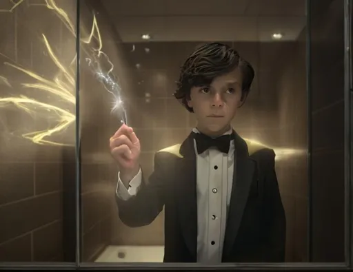Prompt: 13 year old boy in a tuxedo casting a magic spell from the outside of a bathroom stall with his magic wand, but the spell he cast happens on the inside of the bathroom stall.
