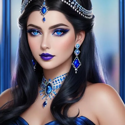 Prompt: a Sapphire lady, feminine elegant princess ,  dark hair, large blue eyes, wearing jewls in her hair,  beautiful makeup, blue eyeshadow, dark pink lipstick, facial closeup