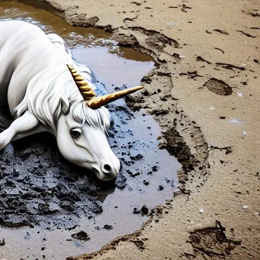 Prompt: unicorn stuck in tar sinking mud