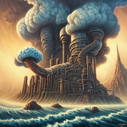 Prompt:  fantasy art style, painting, pipes, tubes, nuclear weapons, nuclear bombs, nuclear explosions, mushrooms, mushroom cloud, bombs, torpedoes, misiles, concrete, smog, fog, evil, misiles launching, warship, naval ship, boat, deep ocean, waves, tsunami, end of the world, apocalypse 