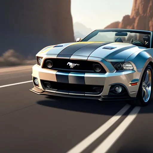 Prompt: Ford Mustang silver metallic convertible, captured in a detailed 8k resolution render with dynamic lighting and intricate details. Created by renowned artists Greg Rutkowski, Artgerm, and WLOP, the artwork features triadic colors and was made using Unreal Engine 5. It is currently trending on Artstation as a hyperdetailed and intricately detailed splash art.