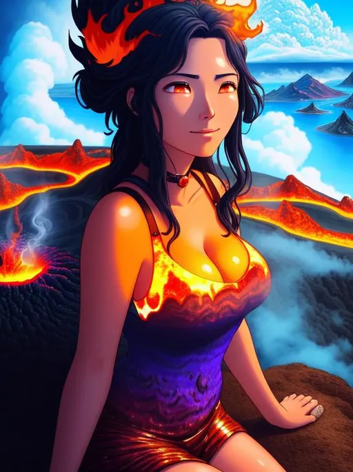 Prompt: Full body, Create a surreal digital art piece of a giantess relaxing in a volcanic crater, surrounded by clouds. She is taking a bath in the molten lava, and the lava is glowing a warm orange color. The landscape around her is highly detailed, with jagged rocks and smoking vents. The giantess has an otherworldly appearance with glowing eyes and a serene expression. The overall tone of the piece is surreal and ethereal, with a focus on the contrast between the relaxing scene and the dangerous volcanic environment. The artwork should be highly detailed and created using digital painting software such as Photoshop or Procreate, with a resolution of at least 3000x3000 pixels