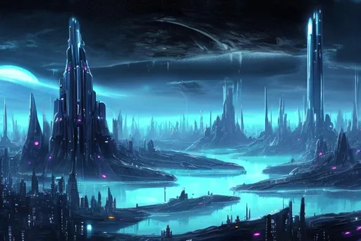 Prompt: Futuristic Tall black towers on deep dark ocean dark sky spaceships night lights hover ships dark tall city lots and lots of small floating ships hovering