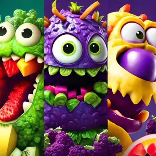 Prompt: A (cute) purple monster (made of fruit and veggies) avatar (good guy), that fights the yellow monster avatar the sickness of the world(bad guy made of rotten fast food)  
